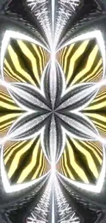 Abstract kaleidoscope design with yellow and silver tones for phone wallpaper.