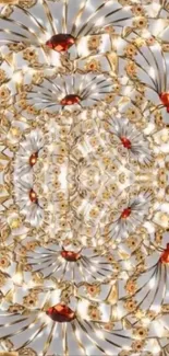 Intricate kaleidoscope wallpaper in golden tones.