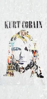 Kurt Cobain abstract portrait with collage on white background.