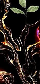 Abstract art with leaf and golden flames on black background.