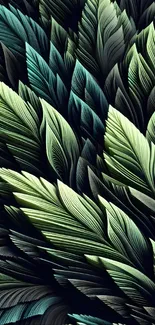 Abstract leaf pattern in green tones with a dark background.