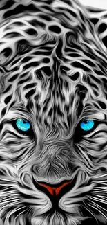 Abstract leopard with blue eyes on wallpaper.