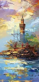 Vibrant abstract painting of a lighthouse scene with dynamic colors.