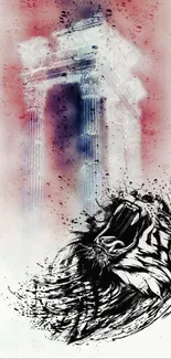 Abstract lion artwork with ancient columns on a vibrant mobile wallpaper.