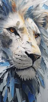 Abstract lion art with textured mane in shades of blue and white.