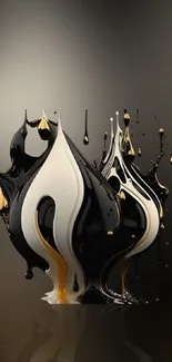 Abstract black and gold liquid splash art mobile wallpaper.