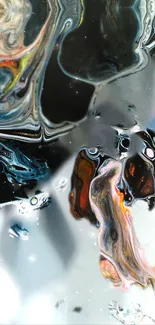 Abstract liquid metal art with colorful swirls and patterns in silver hues.