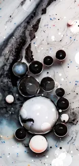 Abstract marble ink art wallpaper with black and white swirls and bubbles.