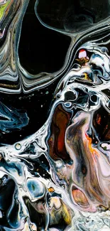 Abstract marble wallpaper with black, white, and colorful swirls.