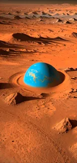 Surreal Martian landscape with a blue dome surrounded by orange terrain.