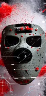 Abstract mask with red and white bursts on black background.