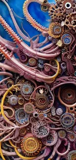 Abstract mechanical art with vibrant gears and purple tones.