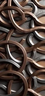 Abstract wallpaper with bronze and silver metal rings intertwined.