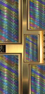 Vibrant abstract metallic wallpaper with geometric patterns and gold accents.