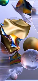 Abstract metallic art wallpaper with floating spheres.