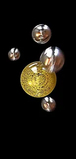 Abstract design with metallic spheres on black background.