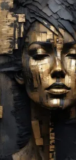 Abstract metallic face wall art design with gold textures.