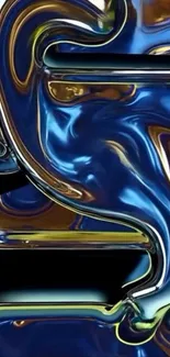 Abstract metallic fluid design in blue and gold hues.
