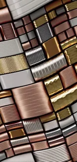 Abstract metallic geometric wallpaper in bronze and gold tones.