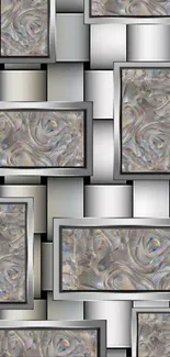 Abstract metallic geometric wallpaper design with silver tones.
