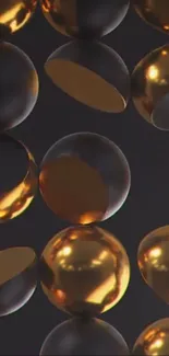 Abstract metallic orbs with gold reflection on dark background.