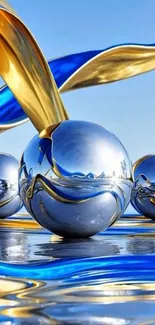 Abstract metallic orbs with blue and gold ribbons