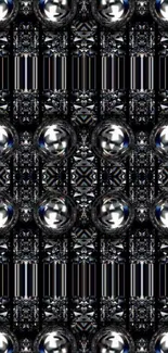 Abstract wallpaper with metallic spheres and geometric pattern.