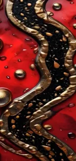 Abstract design with metallic waves and red hues.