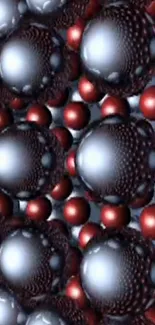 Abstract metallic spheres in red and silver hues, creating a modern 3D design.