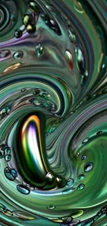 Abstract metallic swirl design with vibrant green hues.