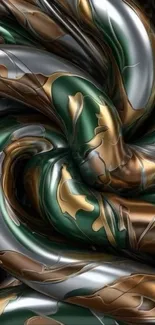Abstract metallic swirl design with dark green and bronze accents.