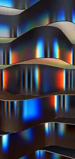 Abstract metallic waves with rainbow hues on a sleek design.