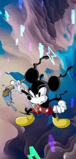 Colorful abstract Mickey Mouse on dynamic swirling background.