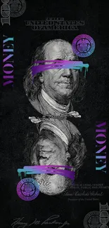 Artistic wallpaper featuring Benjamin Franklin with purple and teal accents on black.