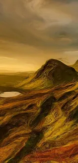 Abstract mountain landscape with golden hues.