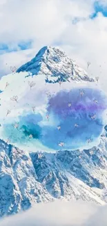 Artistic abstract mountain wallpaper with watercolor clouds.