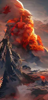 Surreal abstract mountain wallpaper with orange and blue hues.