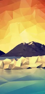 Abstract geometric mountain sunset with vibrant orange and blue hues.