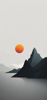 Abstract mountain sunset with orange sun and gray tones.