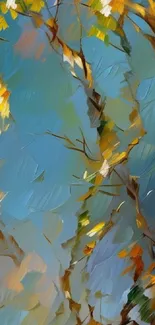 Artistic rendering of autumn branches with colorful leaves and a light blue sky.