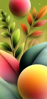 Abstract wallpaper with colorful leaves and spheres in pastel green.