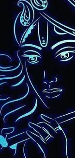 Neon abstract art of a flute player on black background.