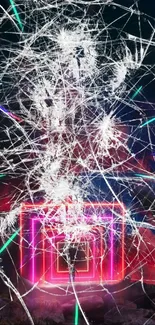 Abstract neon lights with shattered glass effect on a mobile wallpaper.