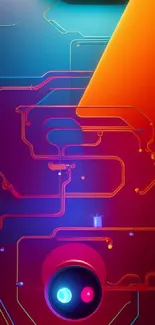 Abstract neon circuit wallpaper with vibrant red-orange and blue hues.