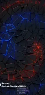 Abstract geometric wallpaper with neon blue and red lines on dark background.