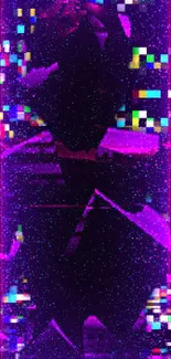 Abstract neon silhouette with glitch effects on a dark background.