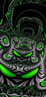 Neon green fractal design with intricate patterns on black background.