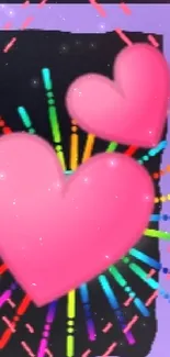 Abstract wallpaper with neon hearts and shapes on a black background.