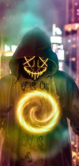 Mysterious figure in neon hoodie with glowing elements in urban setting.