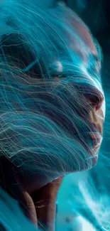 Abstract portrait with neon blue swirls and light lines enveloping a serene face.